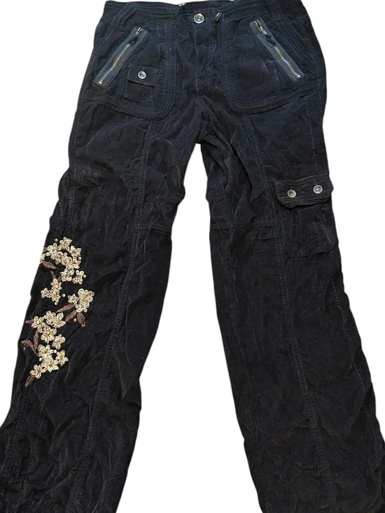 Vintage Black Corduroy cargo pants with floral embroidery, waist 30” - Picture 3 of 8